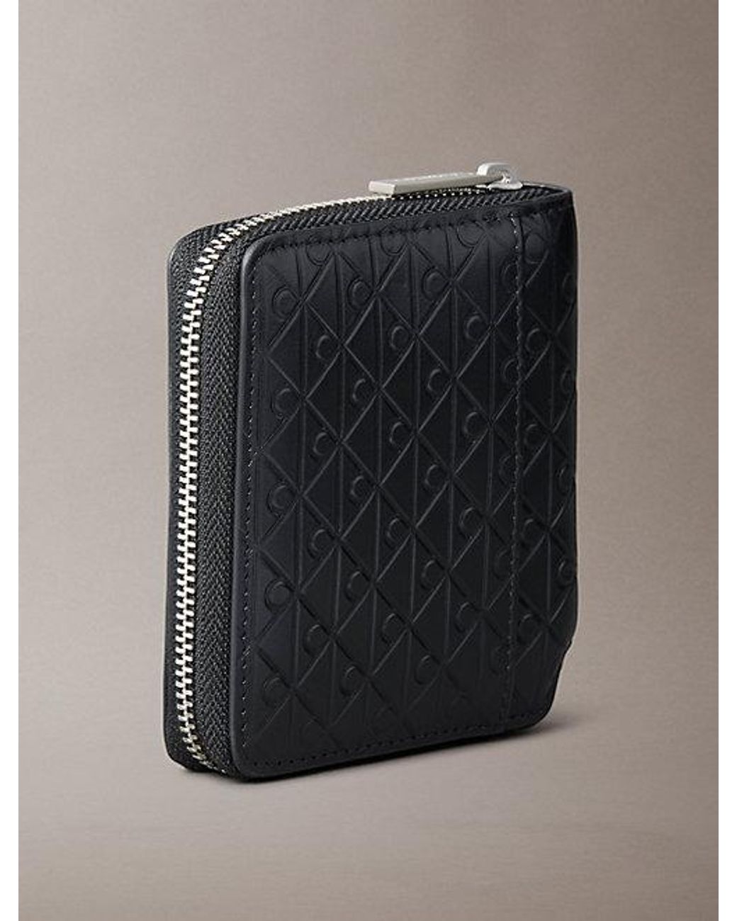 Calvin Klein Black Embossed Allover Monogram Zip Bifold Wallet for men