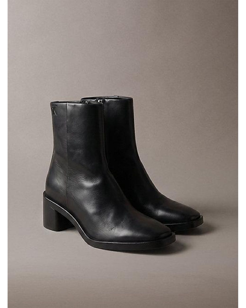 Calvin Klein Black Leather Block Heel Ankle Boots