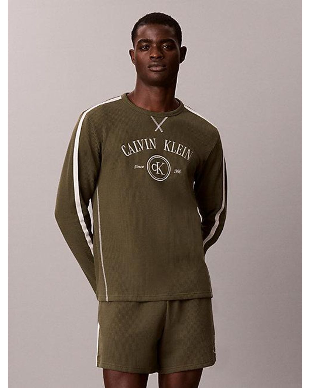 Calvin Klein Green Brushed Waffle Long Sleeve Lounge T-Shirt for men