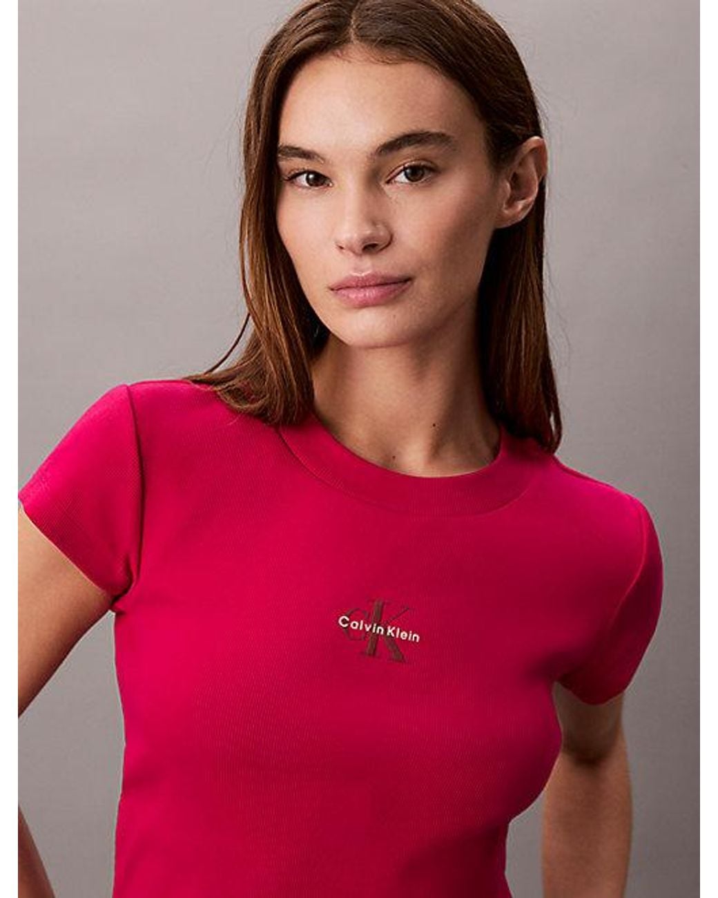 Calvin Klein Red Jeans Slim Ribbed Cotton Logo T-Shirt