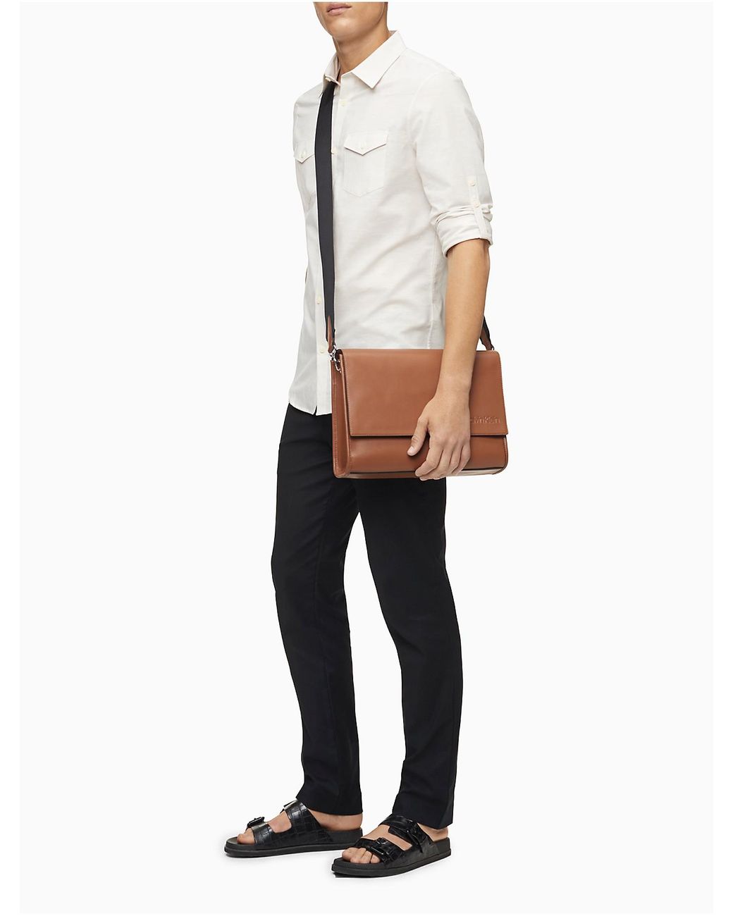 Calvin Klein Refined Leather Messenger Bag in Brown for Men | Lyst