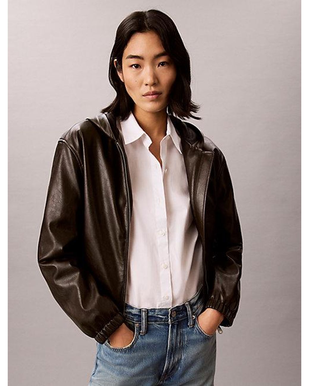 Calvin Klein Brown Jeans Faux Leather Hooded Jacket