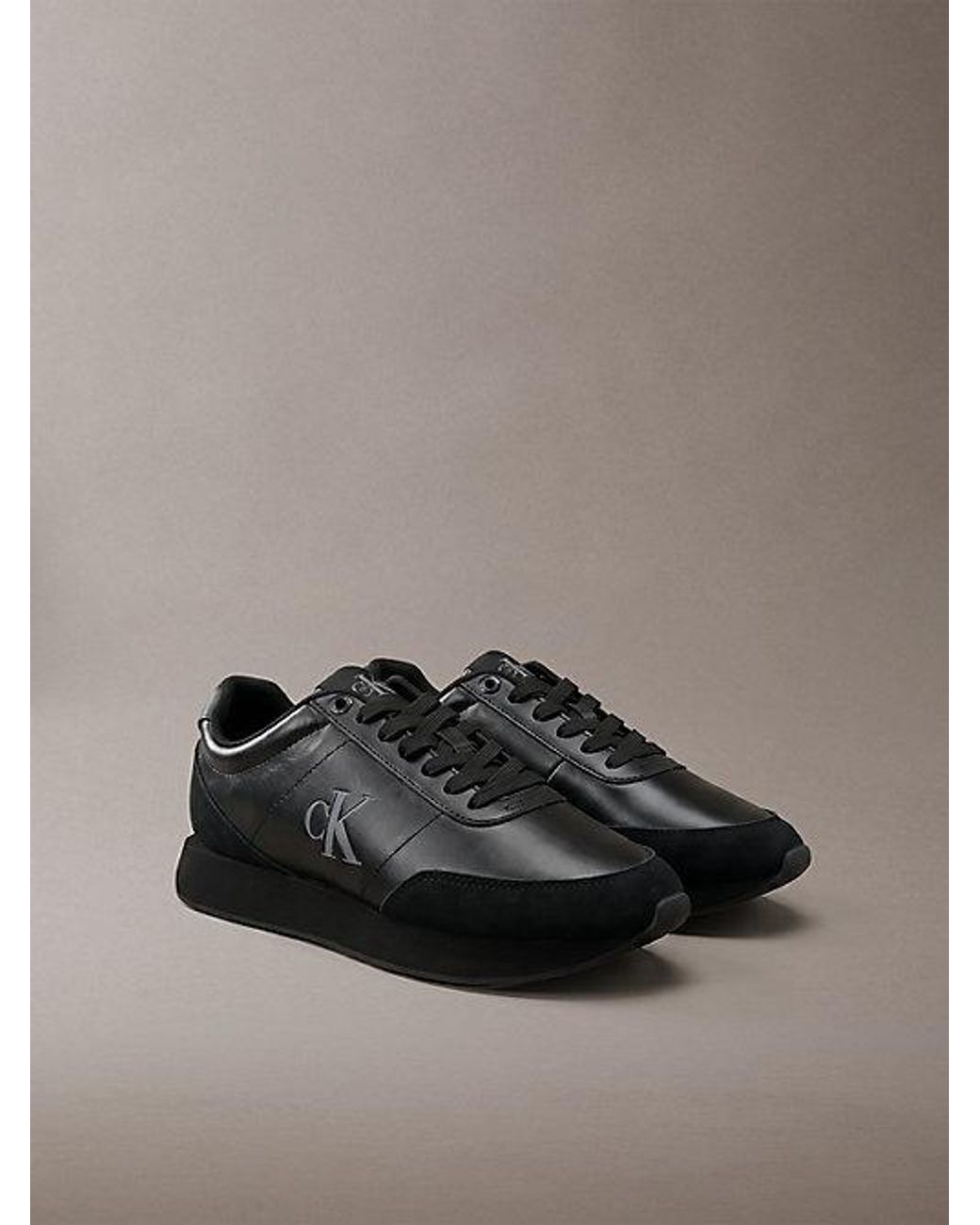 Calvin Klein Gray Leather Signature Logo Runner Trainers