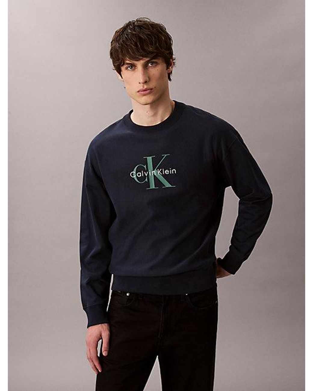 Calvin Klein Blue Jeans Premium Terry Monogram Logo Relaxed Sweatshirt for men
