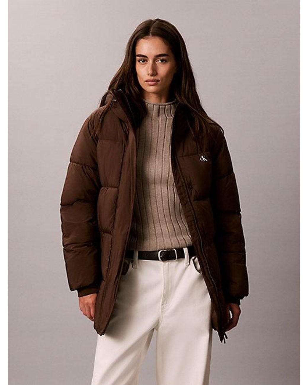 Calvin Klein Brown Jeans Logo Belt Hooded Puffer Jacket