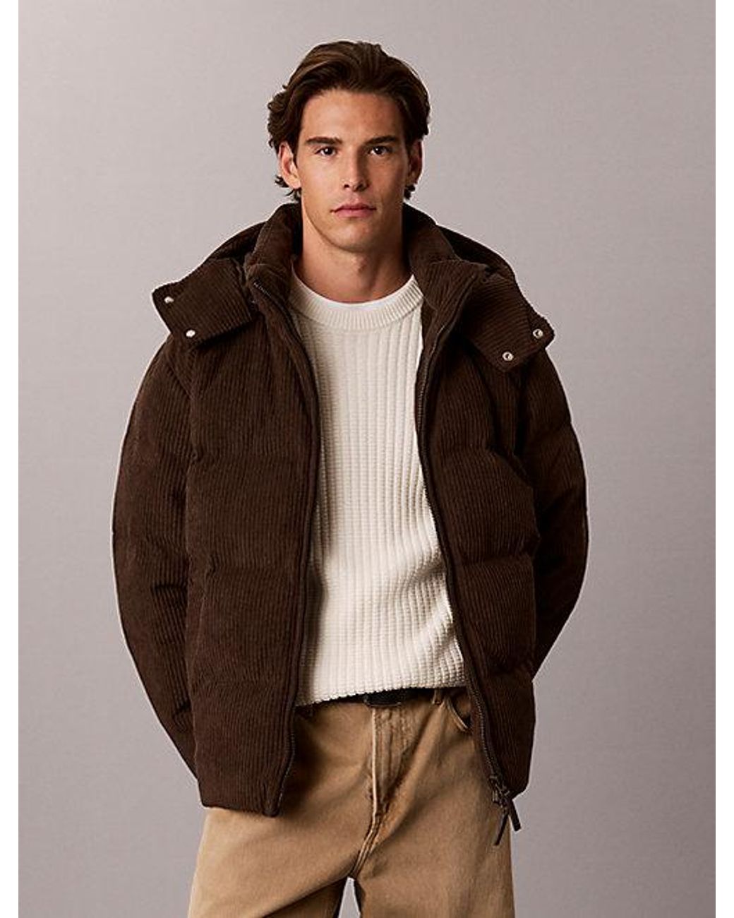 Calvin Klein Brown Jeans Corduroy Hooded Down Puffer Jacket for men