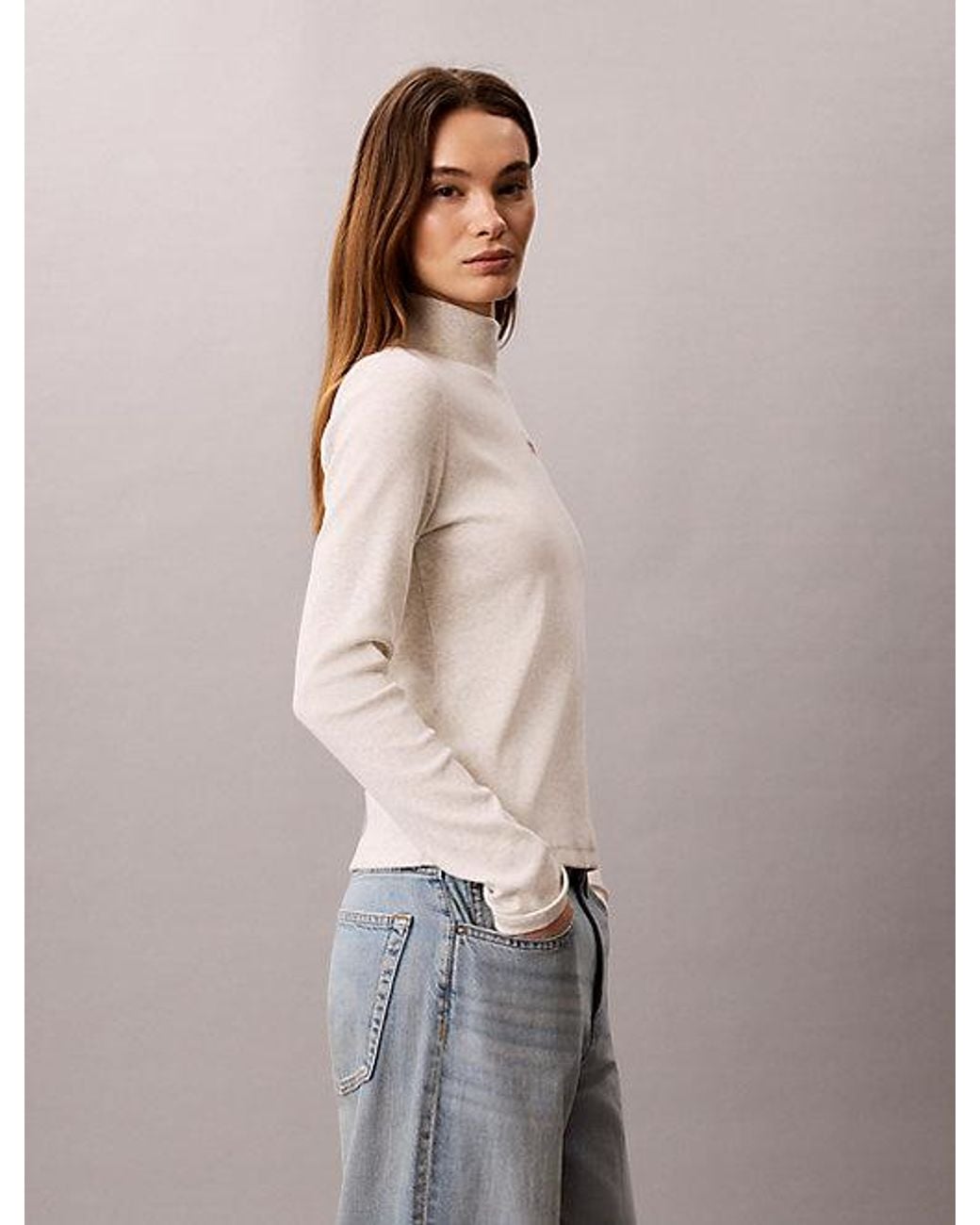 Calvin Klein Gray Jeans Ribbed Cotton Turtleneck Top