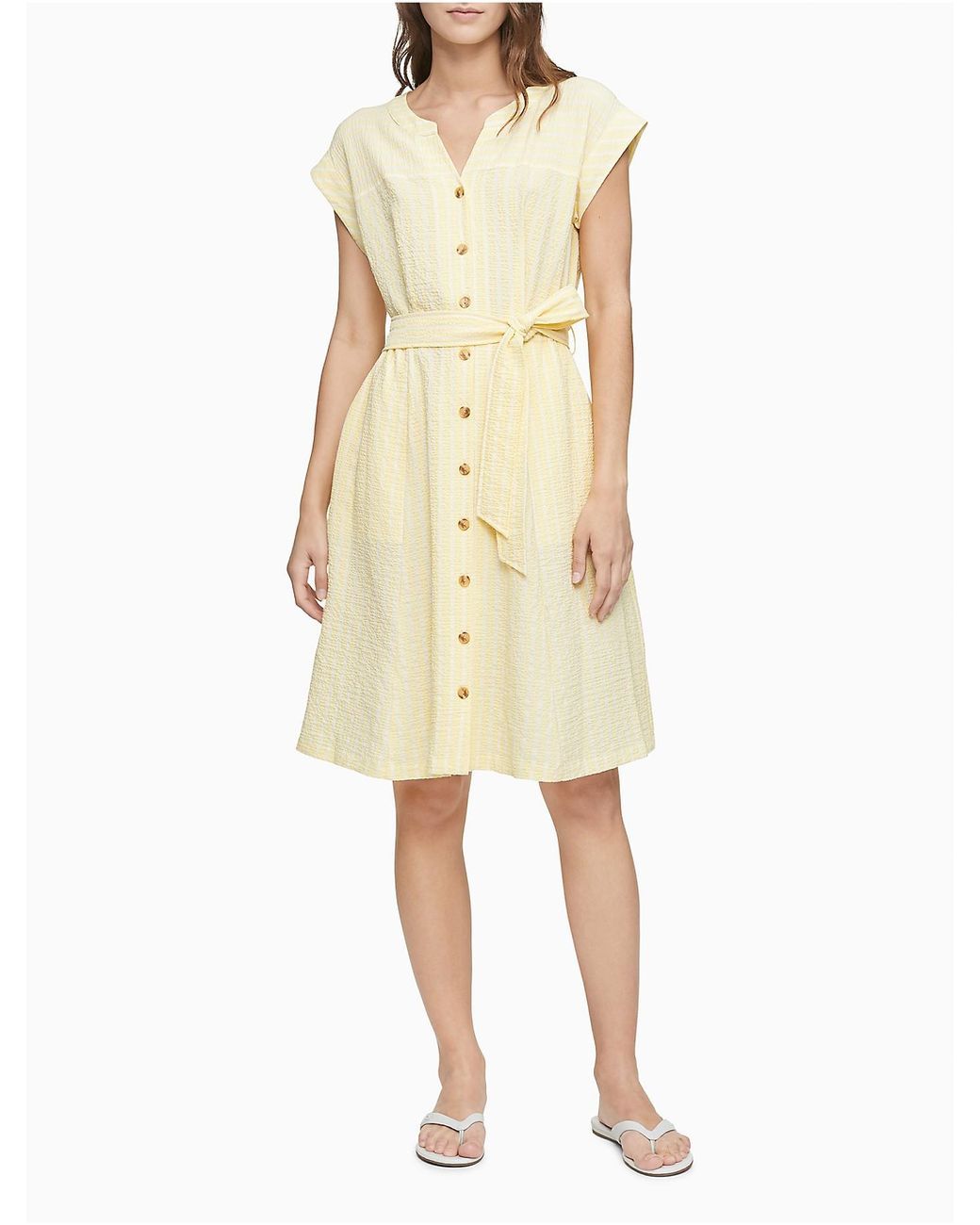 Calvin Klein Synthetic Striped Button-down Belted Shirt Dress - Lyst