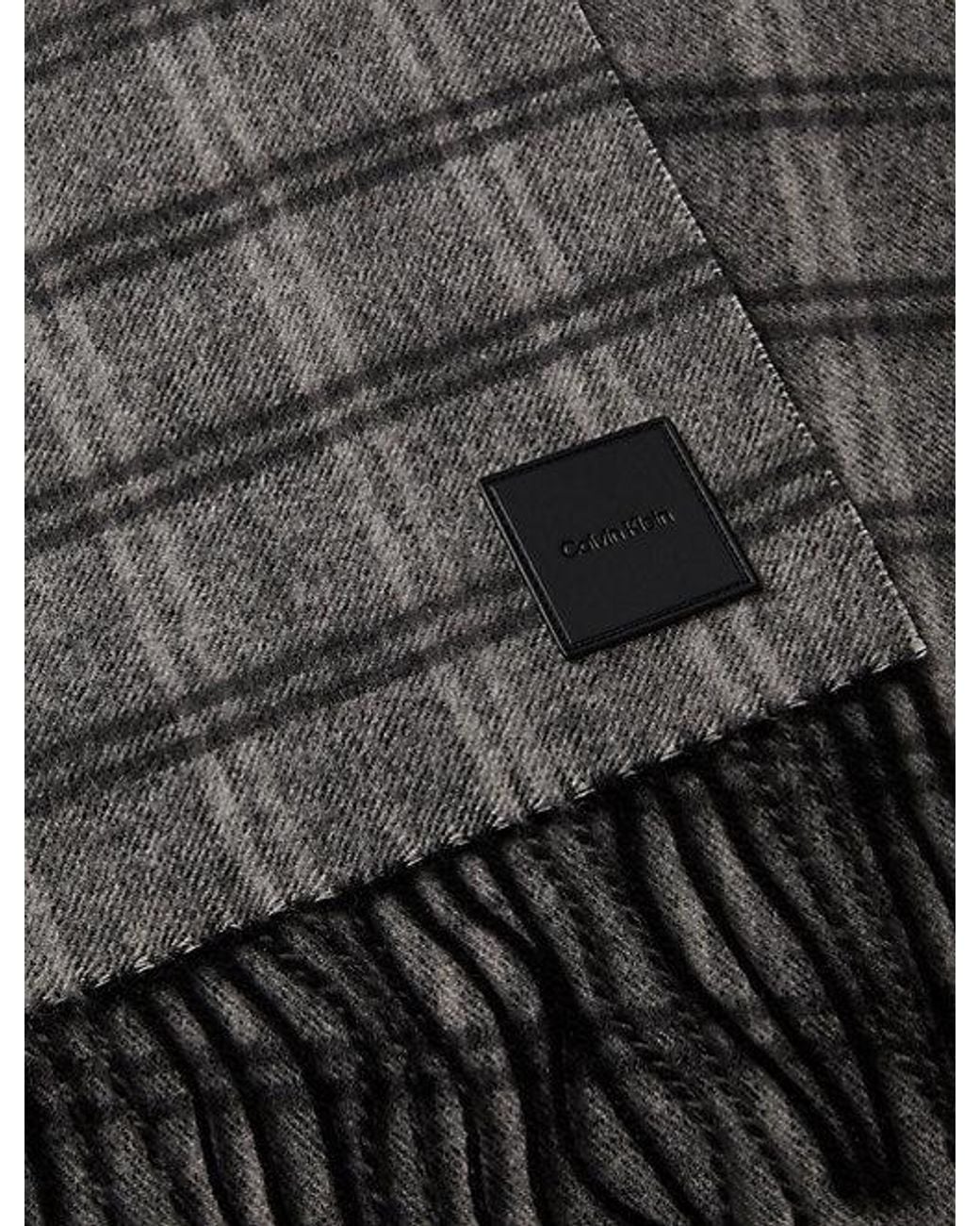 Calvin Klein Gray Checked Wool Leather Badge Scarf for men