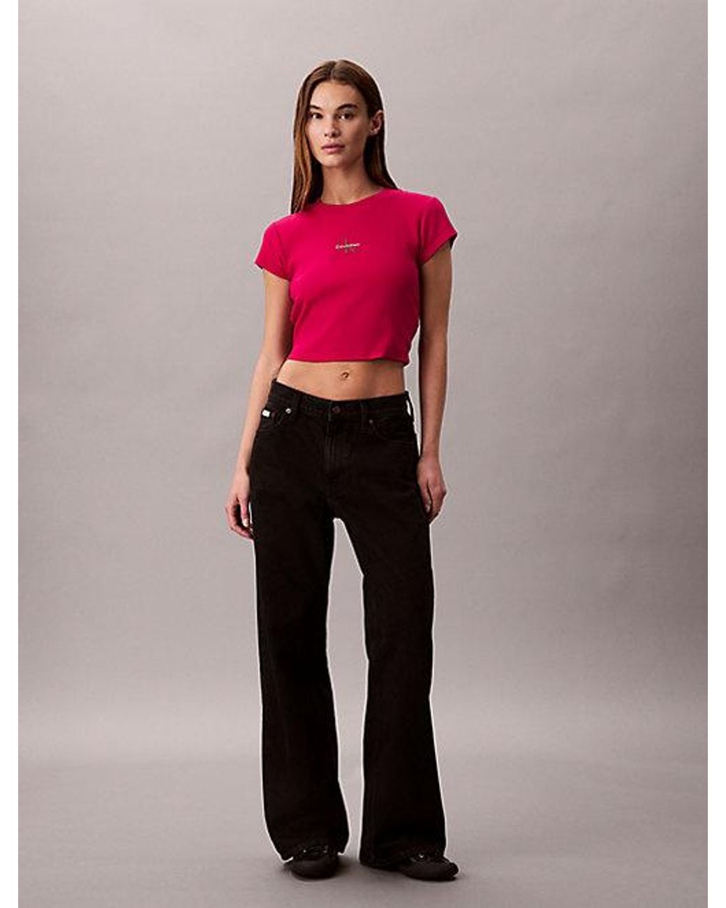 Calvin Klein Red Jeans Slim Ribbed Cotton Logo T-Shirt