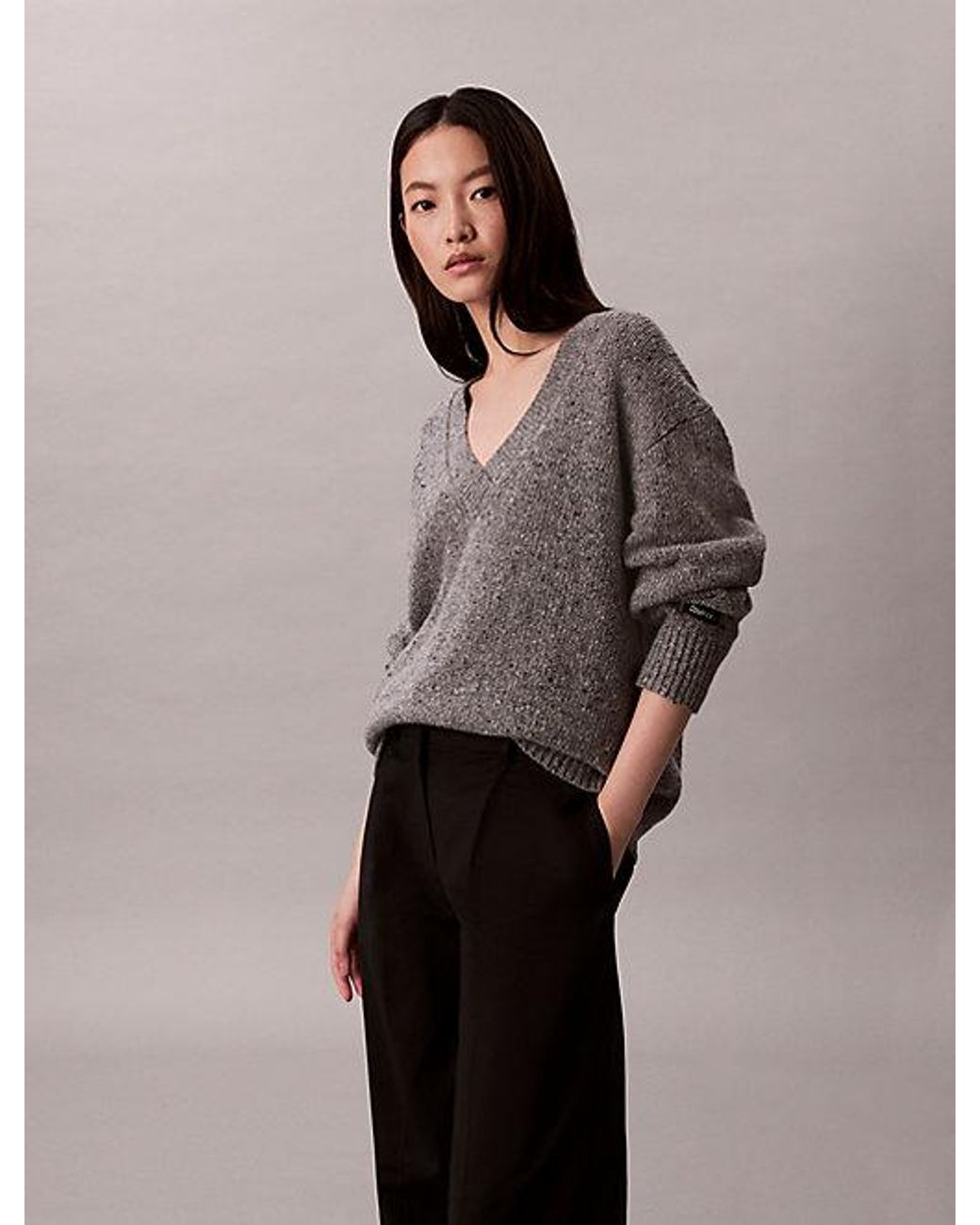 Calvin Klein Gray Jeans Chunky Relaxed V Neck Jumper