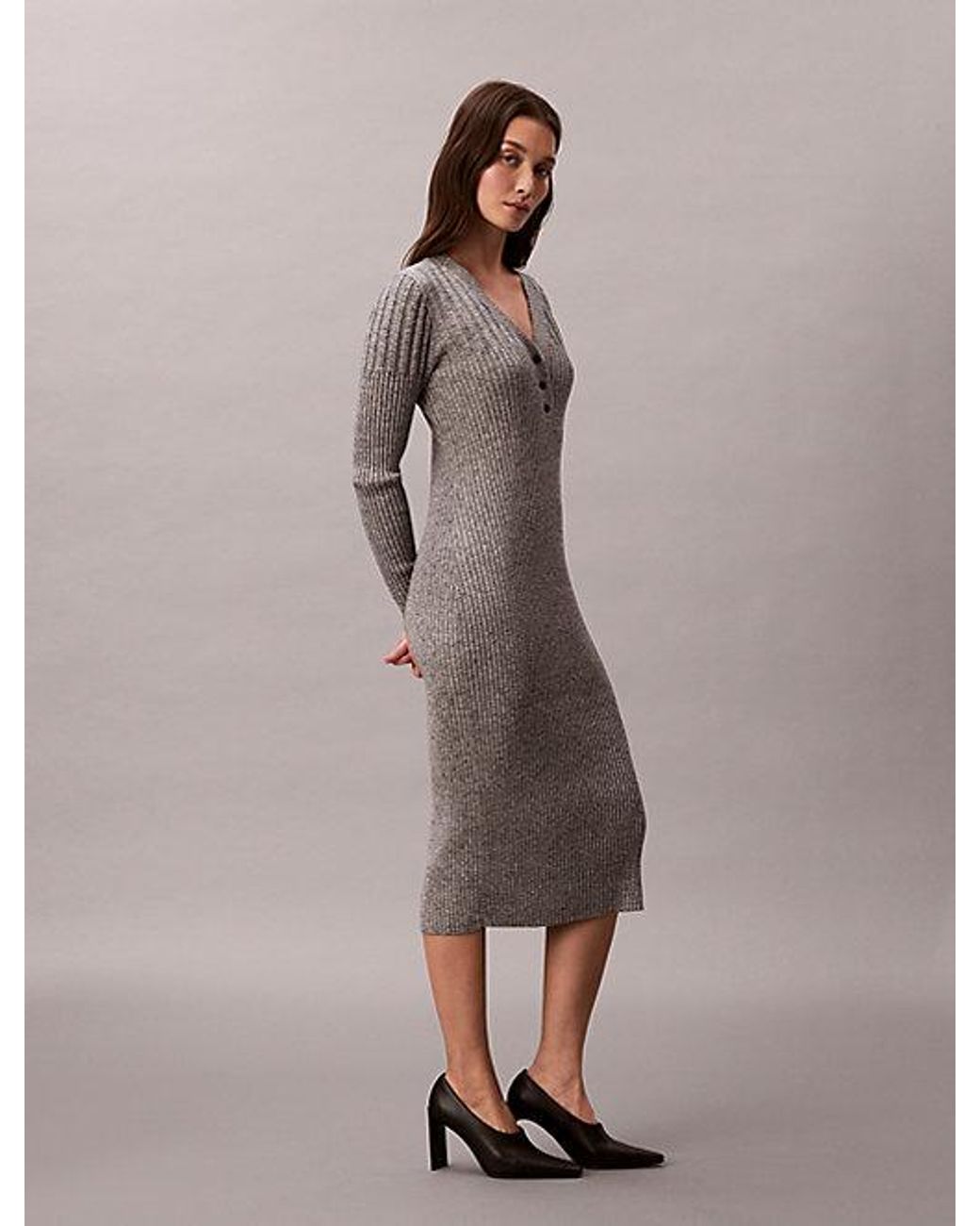 Calvin Klein Brown Jeans Cotton Mouline Rib Midi Dress