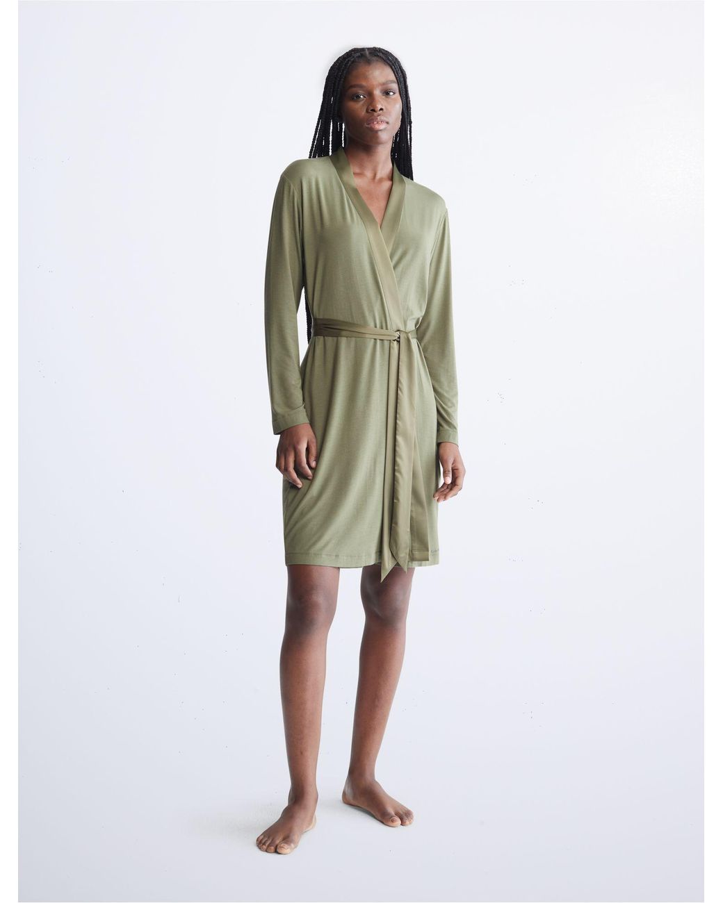 Calvin Klein Modal Satin Sleep Robe in Green | Lyst