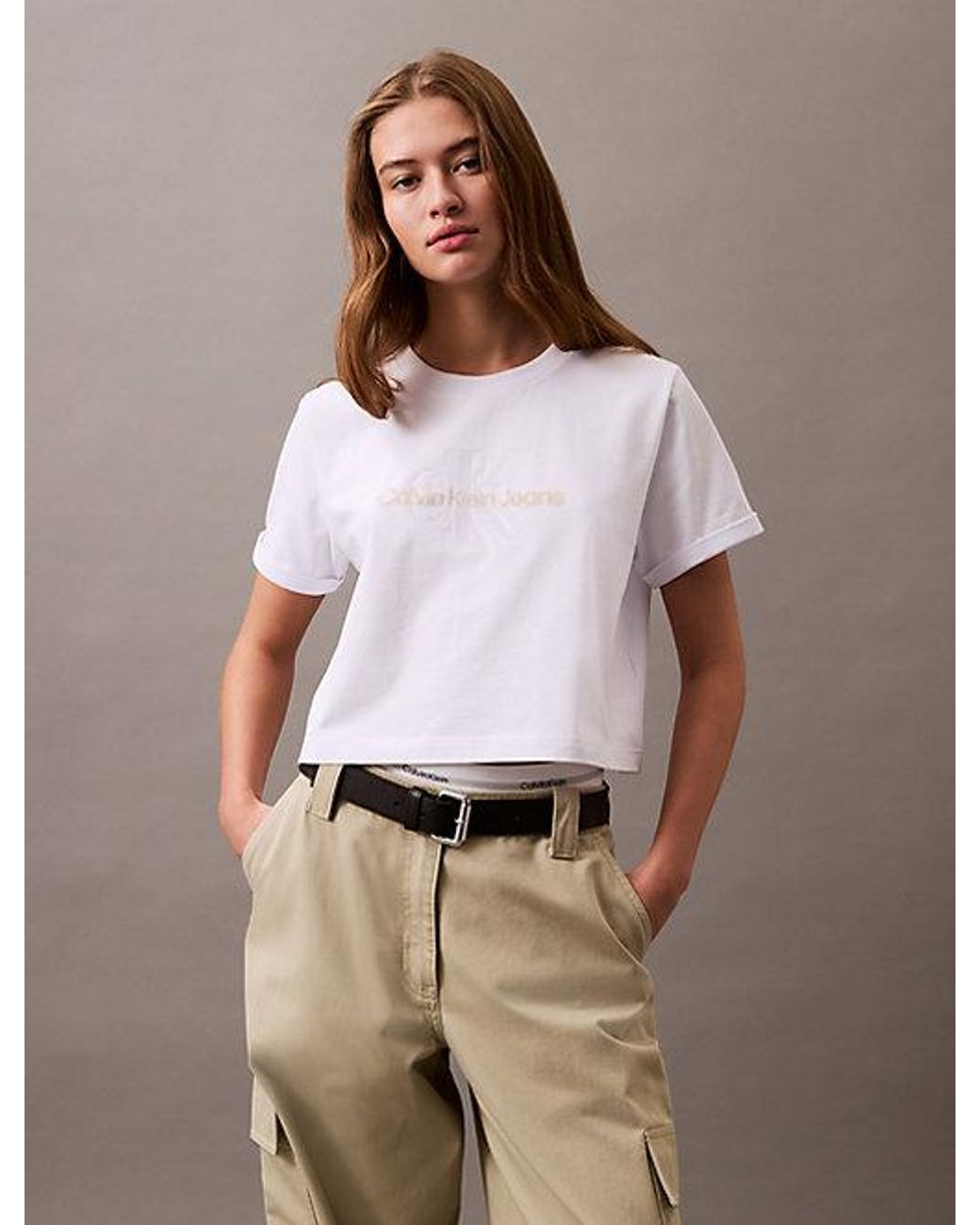 Calvin Klein White Jeans Cropped Gloss Logo T-Shirt