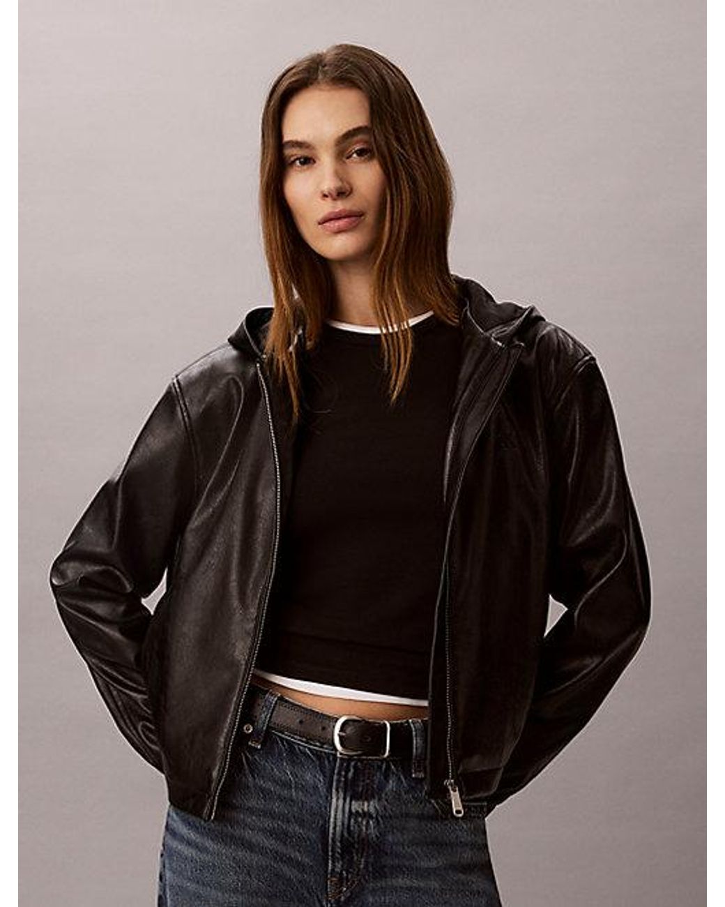 Calvin Klein Black Jeans Faux Leather Hooded Jacket