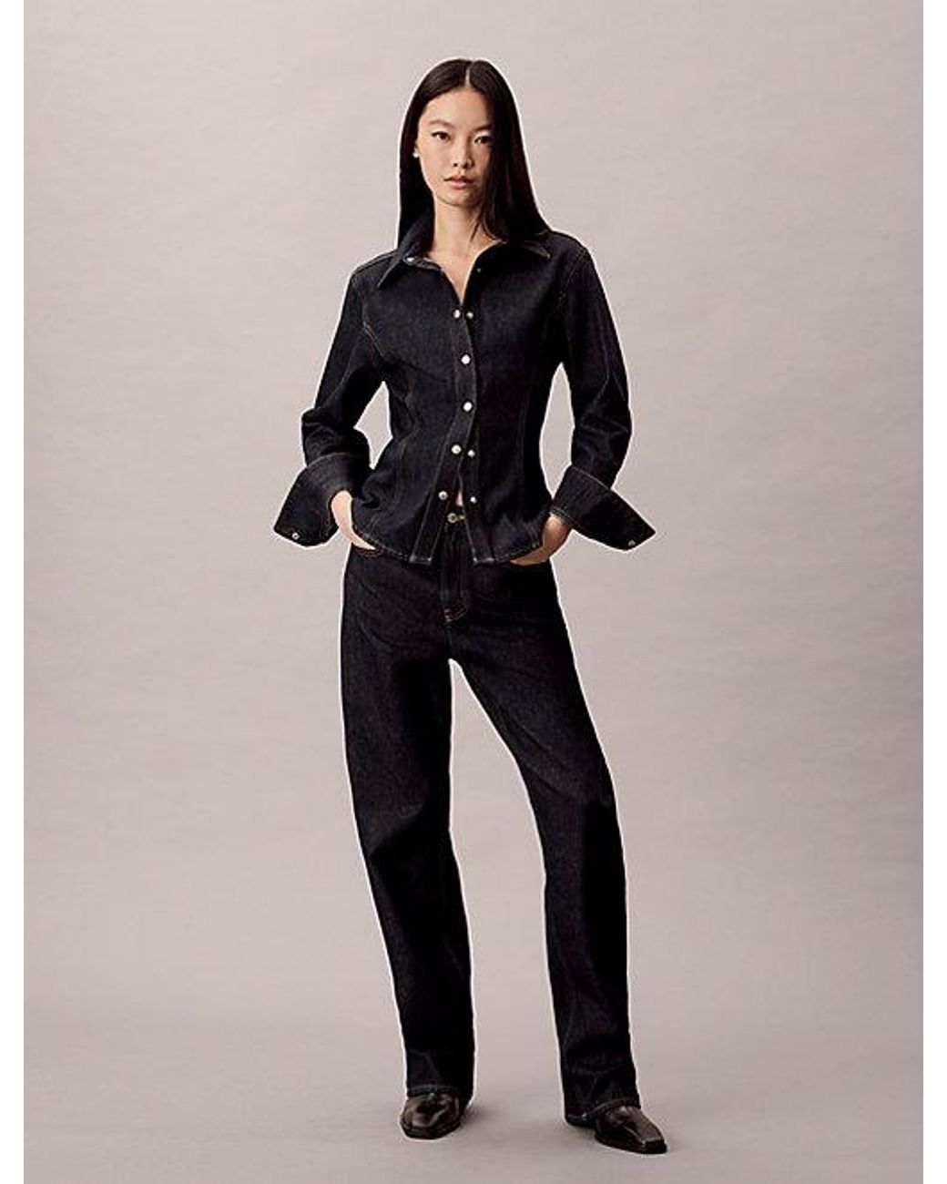 Calvin Klein Black Jeans Denim Seamed Button Up Shirt