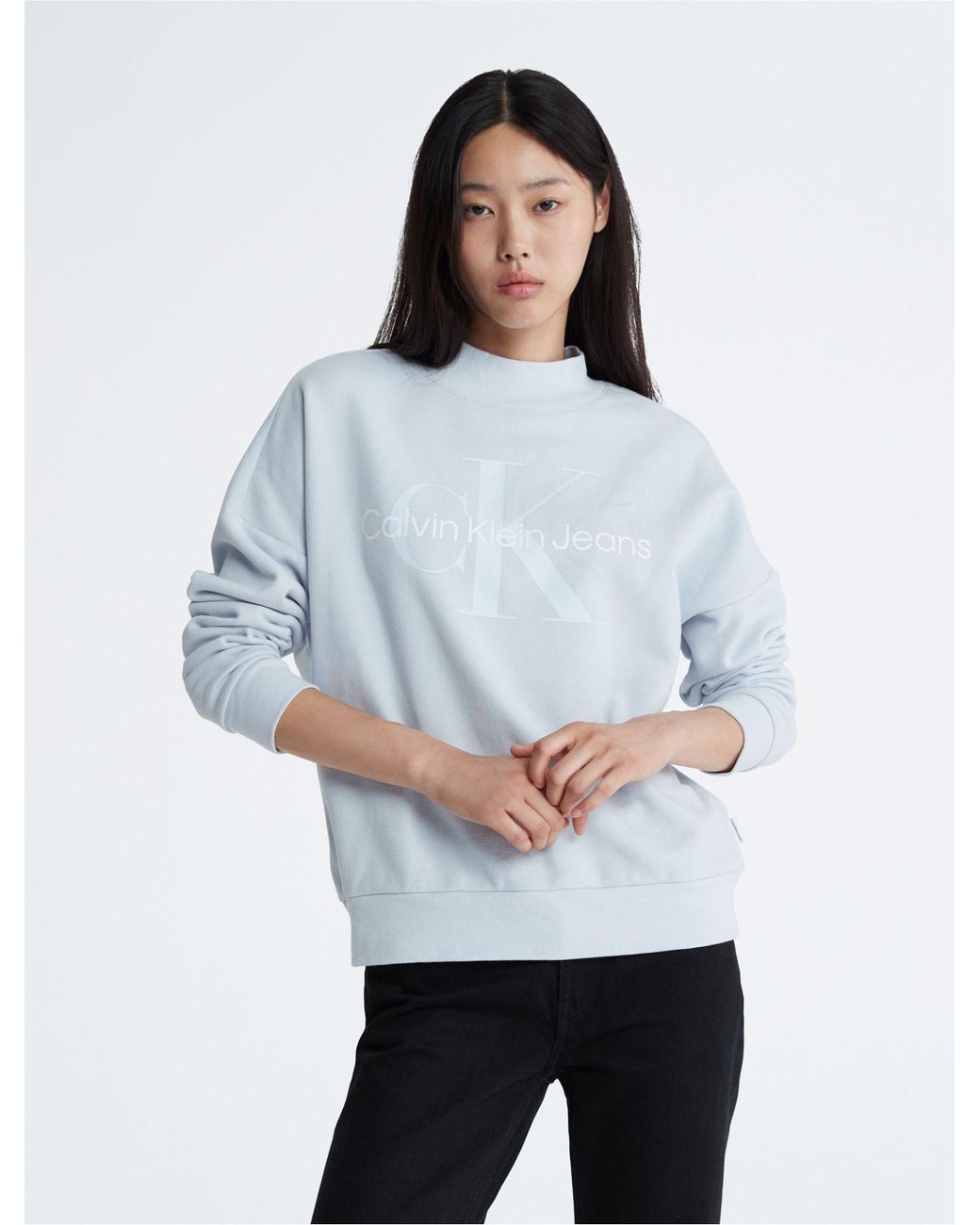 Calvin Klein Monogram Logo Mock Neck Sweatshirt in White | Lyst