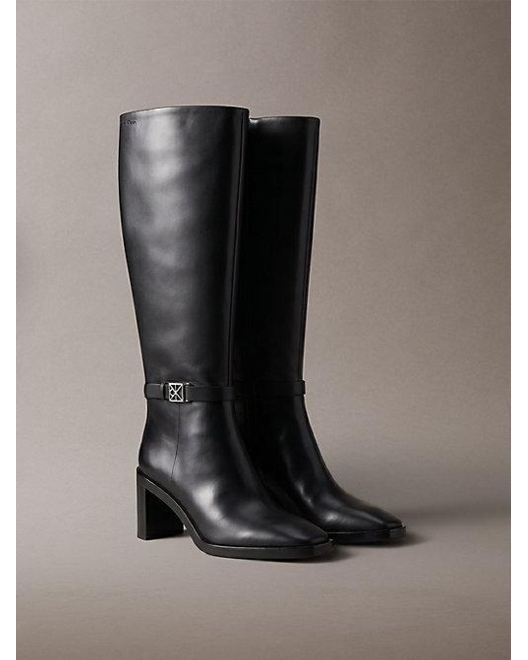 Calvin Klein Black Leather Block Heel Knee Boots
