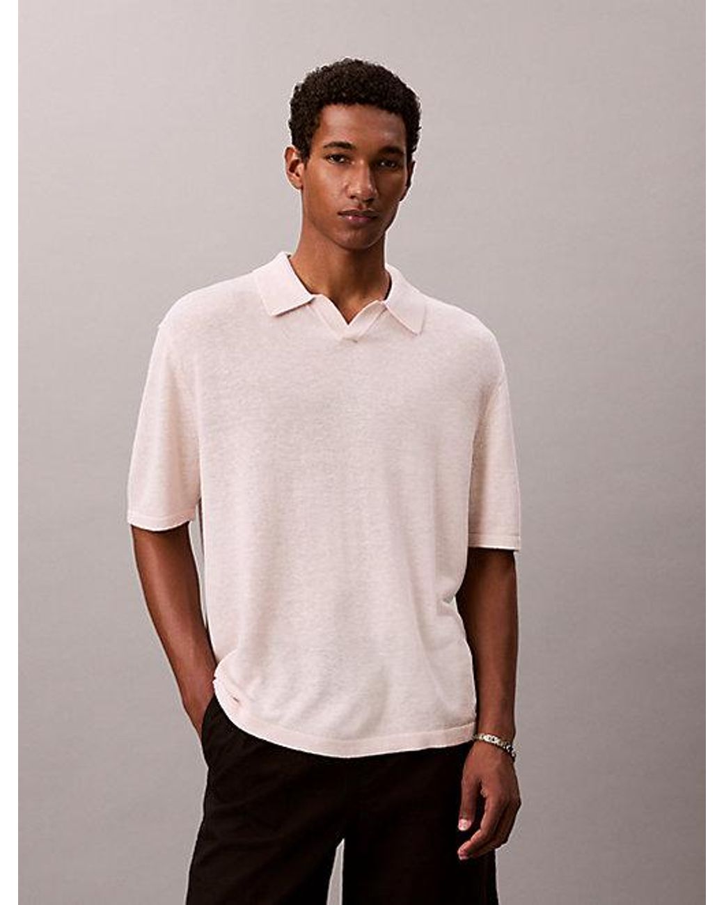 Calvin Klein Pink Linen Blend Open Collar Polo Shirt for men
