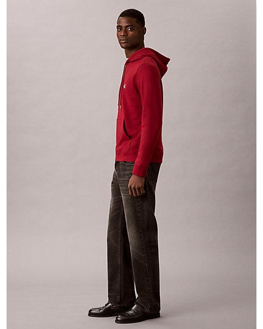 Calvin Klein Red Jeans Cotton Terry Monogram Hoodie for men