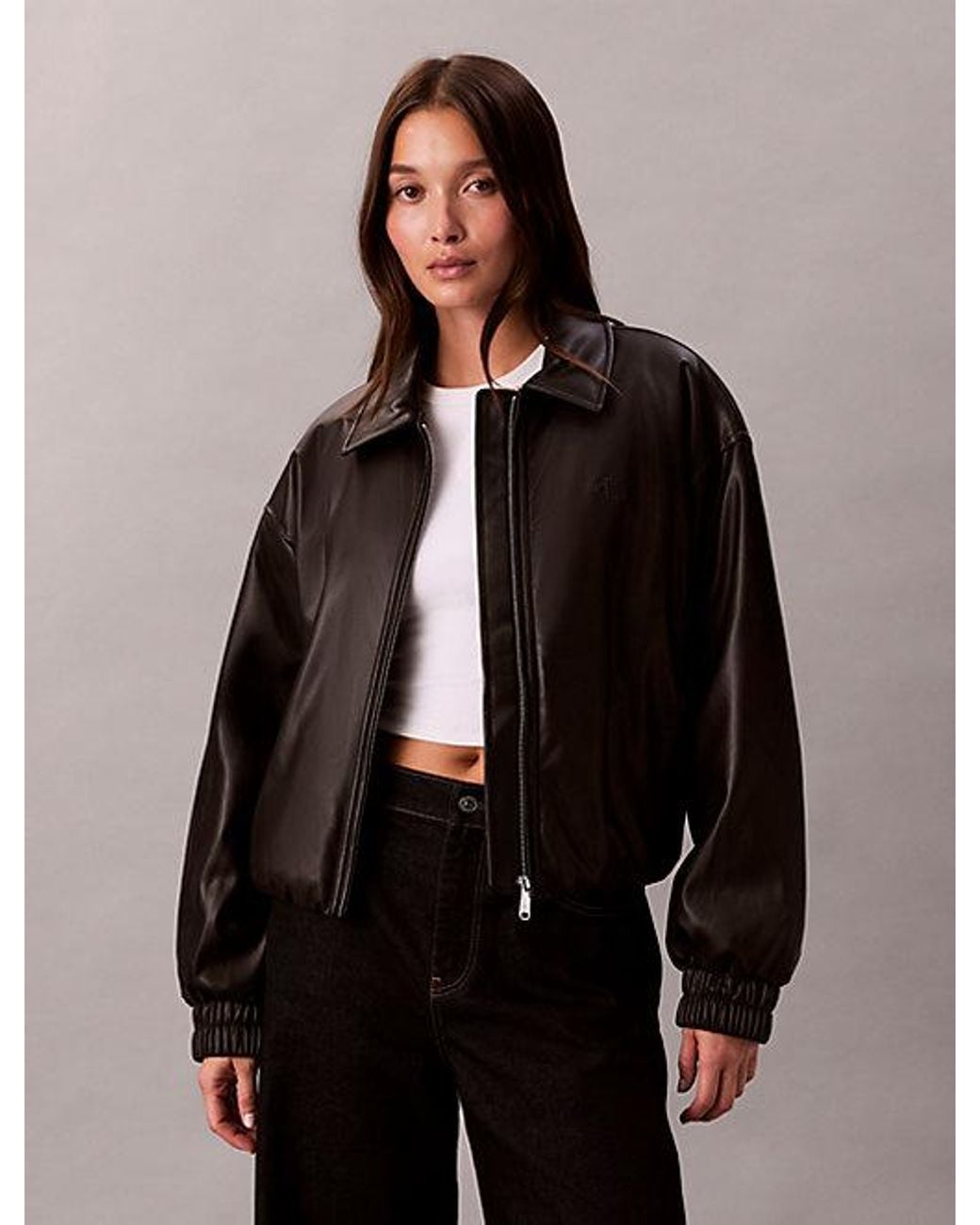Calvin Klein Brown Jeans Faux Leather Relaxed Bomber Jacket