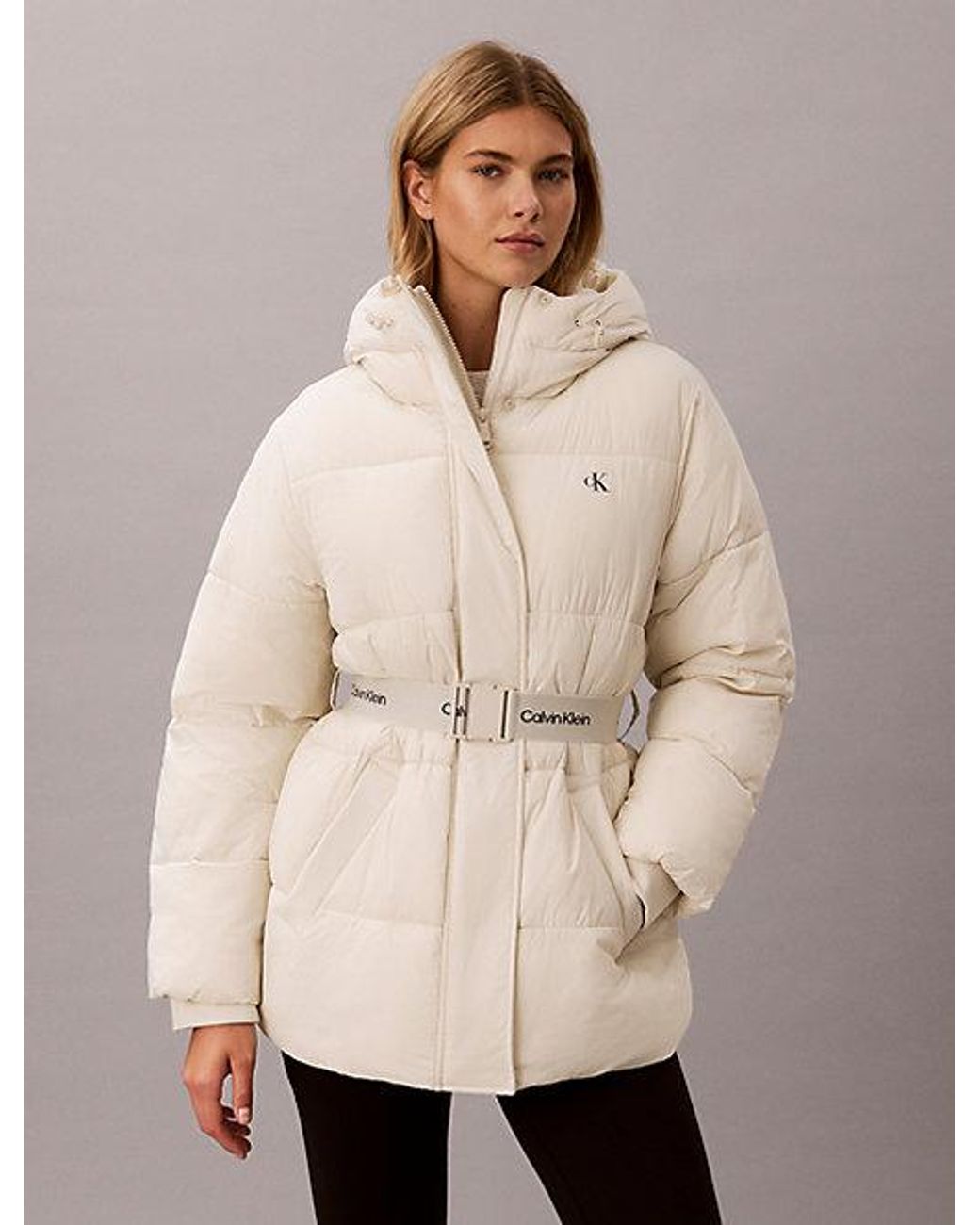 Calvin Klein Natural Jeans Logo Belt Hooded Puffer Jacket
