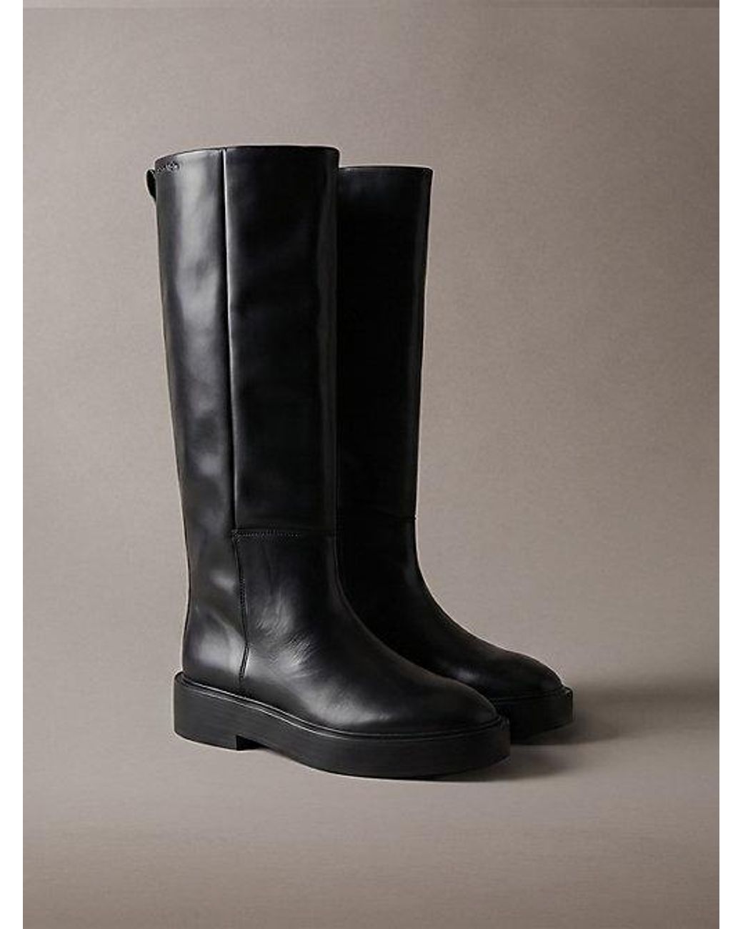 Calvin Klein Black Leather Stacked Heel Knee High Boots
