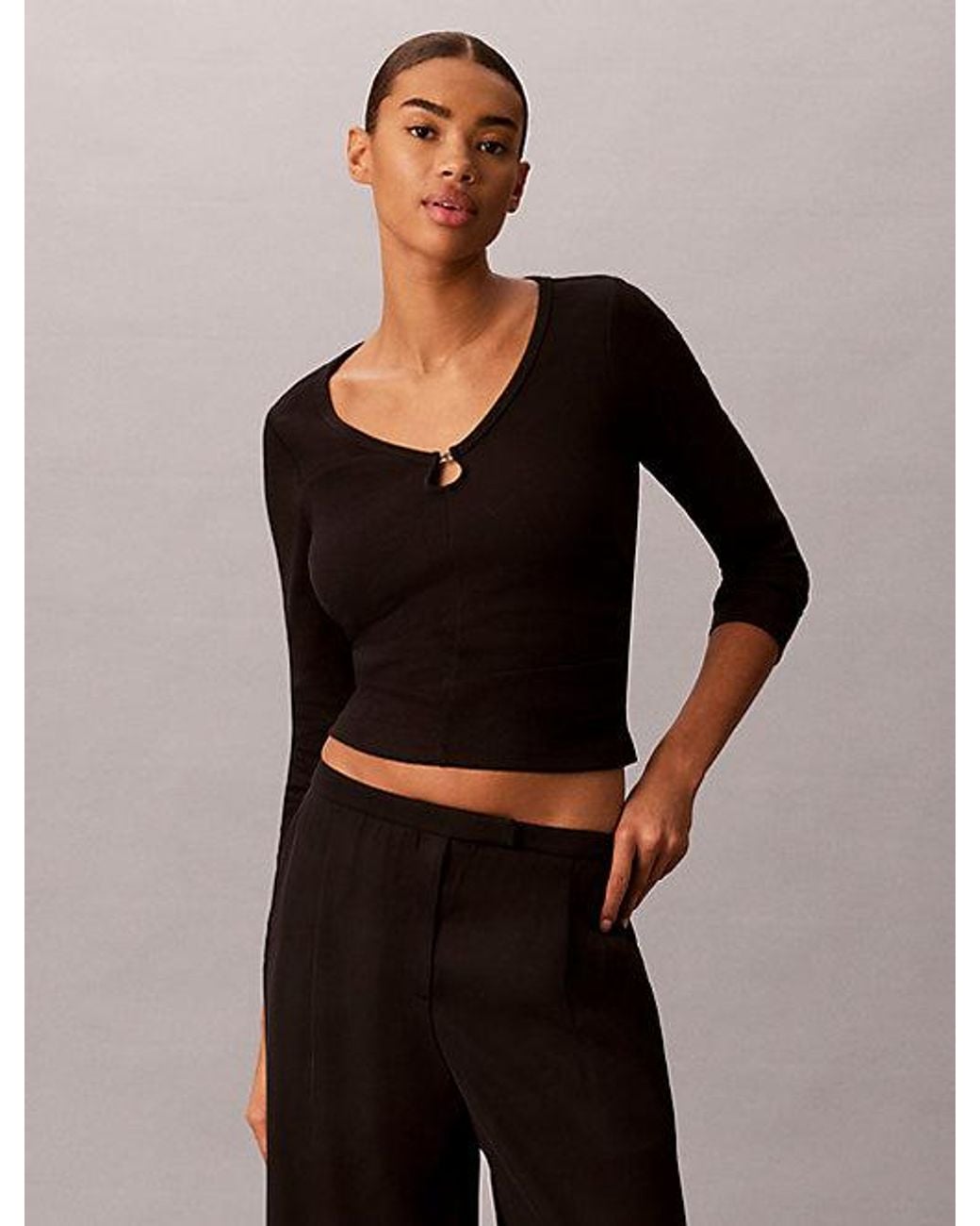 Calvin Klein Black Jeans Ruched Cotton Top With Metal Detail