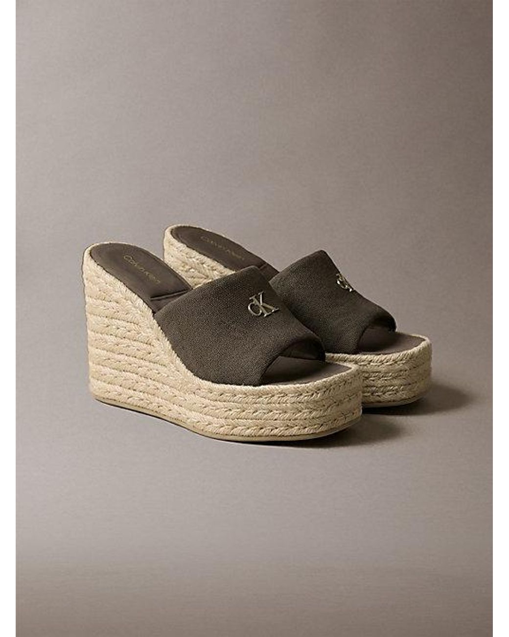 Calvin Klein Gray Canvas Espadrille Wedge Sandals