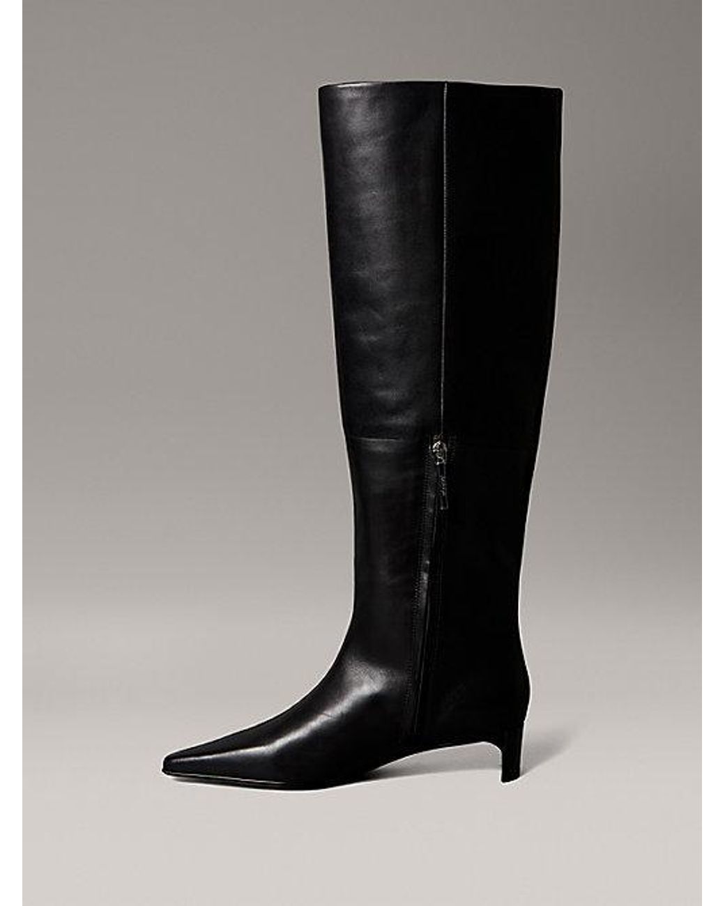 Calvin Klein Black Leather Kitten Heel Knee Boots