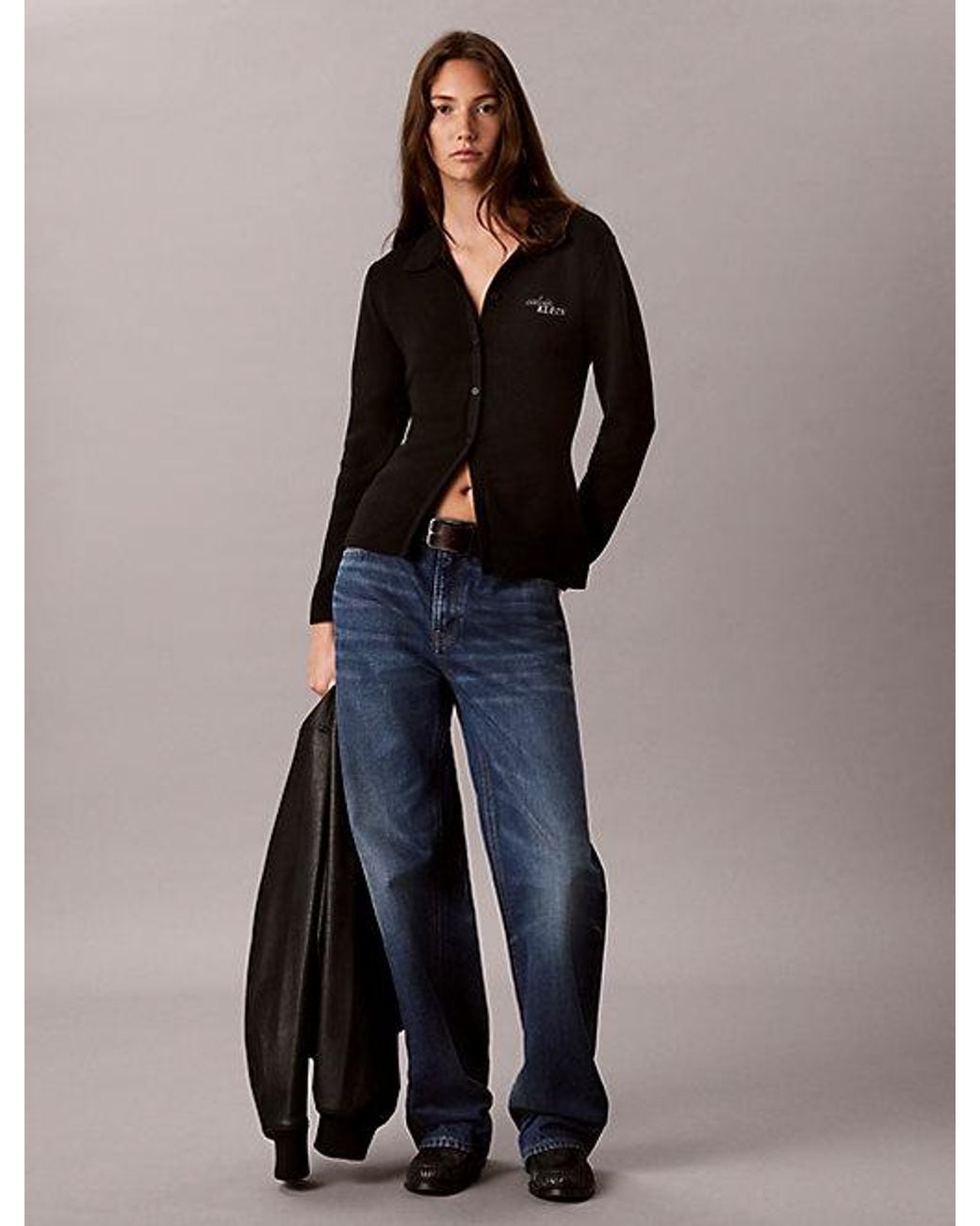 Calvin Klein Black Jeans Cotton Knit Polo Collar Cardigan