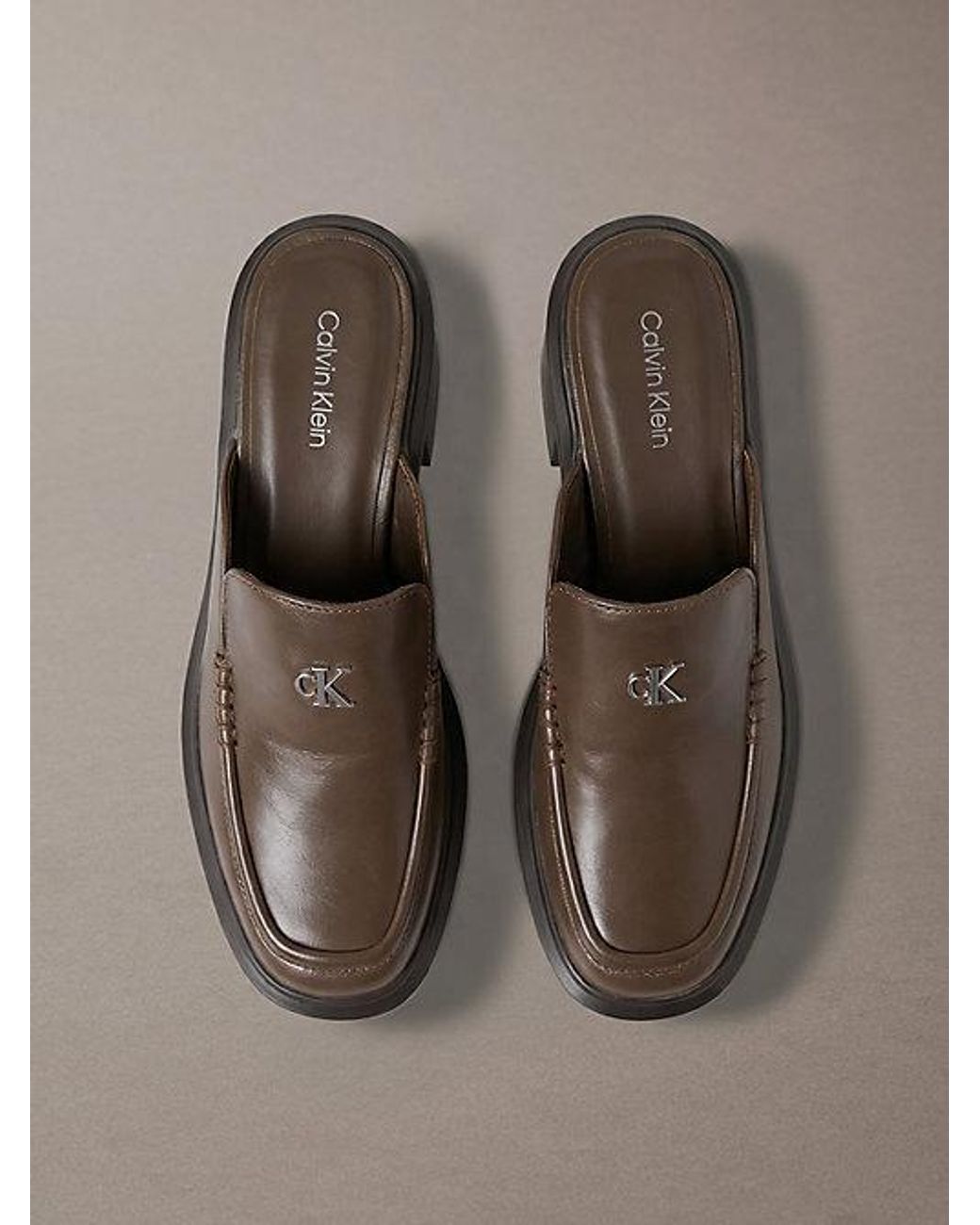 Calvin Klein Brown Leather Platform Block Heel Mules