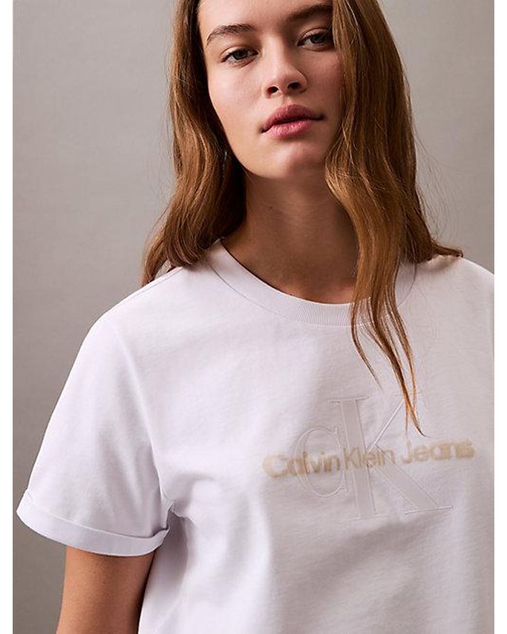 Calvin Klein White Jeans Cropped Gloss Logo T-Shirt