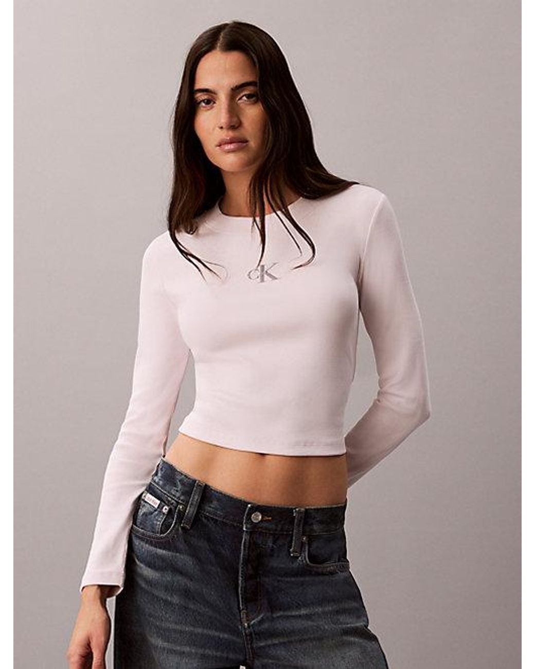 Calvin Klein Pink Jeans Monologo Long Sleeve Rib Baby Tee