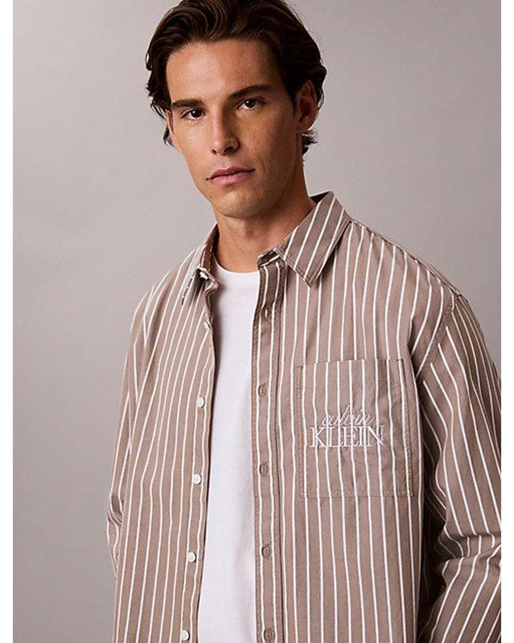 Calvin Klein Gray Jeans Relaxed Cotton Poplin Stripe Shirt for men