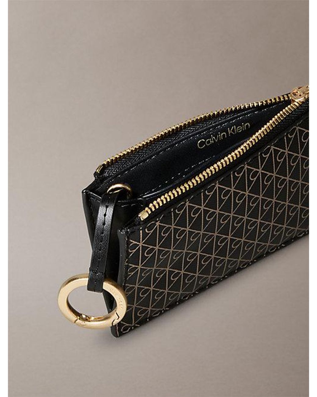 Calvin Klein Gray Monogram Logo Top Zip Card Holder