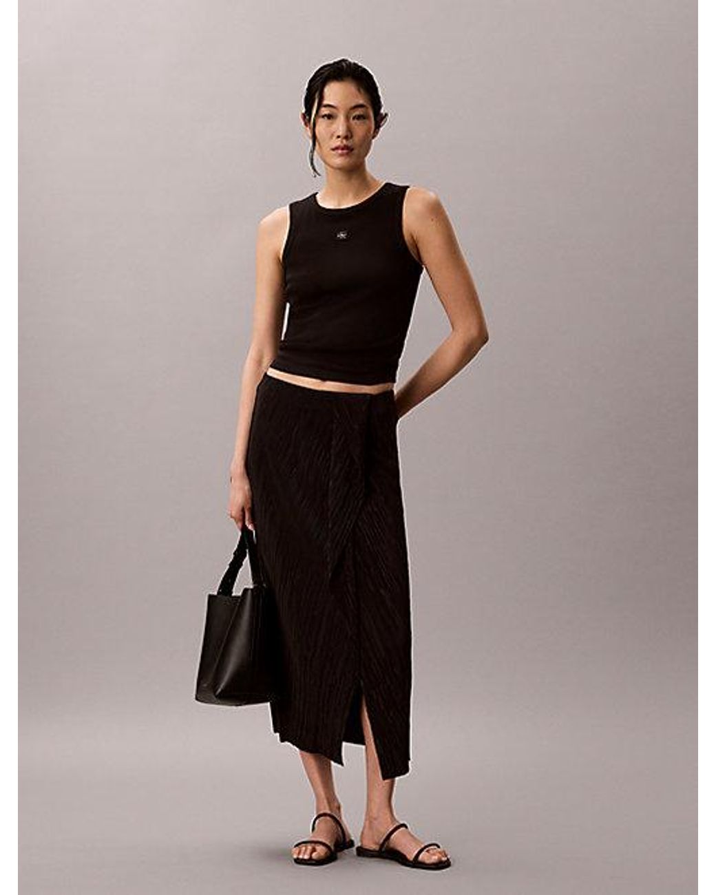 Calvin Klein Black Draped Plissé Midi Skirt