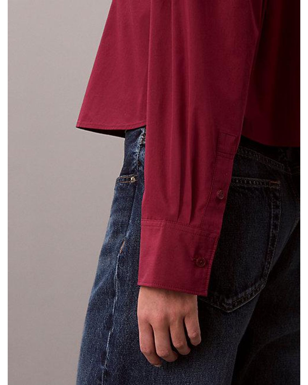 Calvin Klein Red Jeans Woven Monologo Cropped Poplin Button Down Shirt