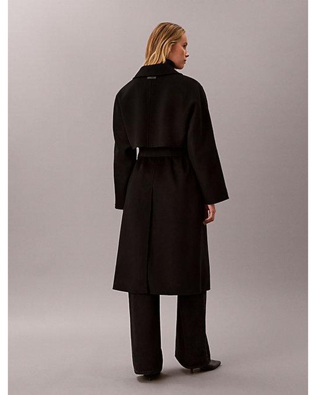Calvin Klein Black Double Faced Wool Blend Wrap Coat
