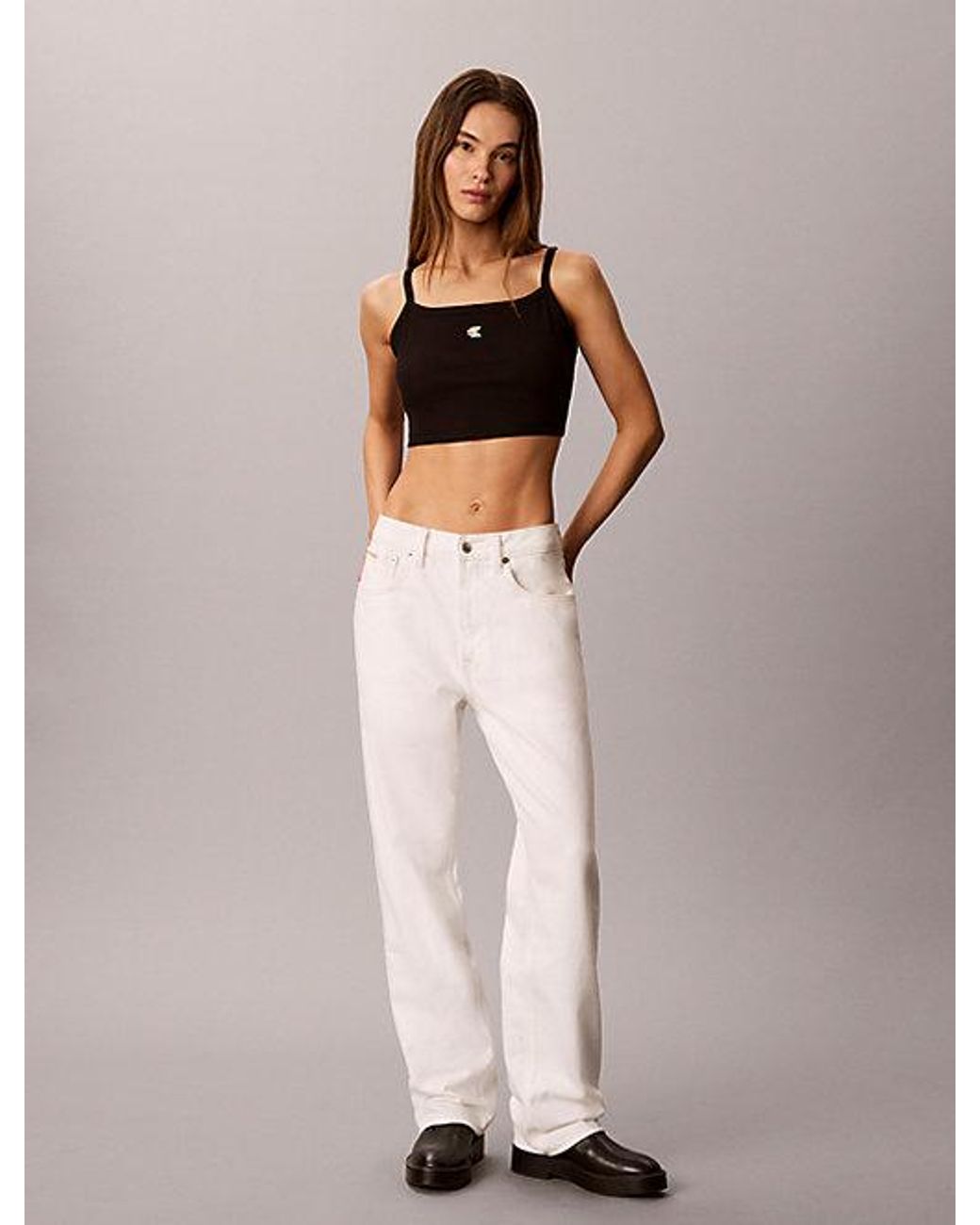 Calvin Klein Cropped Geribbelde Camitop in het Black
