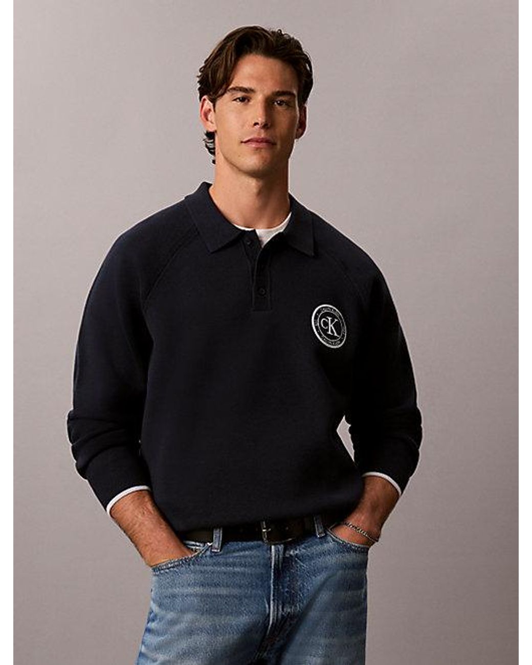 Calvin Klein Black Jeans Cotton Knit Varsity Polo Jumper for men