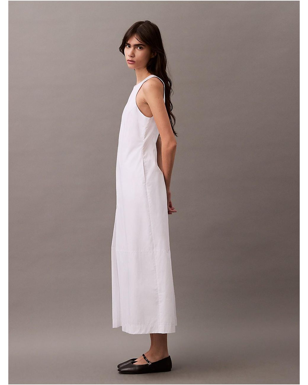 Calvin Klein Cotton Poplin Sleeveless Midi Dress in White | Lyst