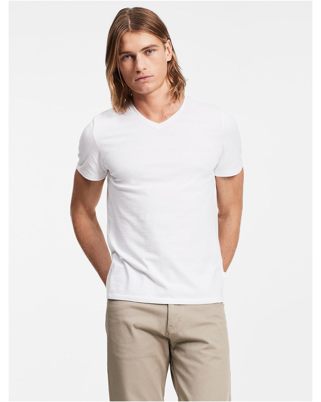 Calvin Klein Cotton Slim Fit Textured V-neck T-shirt in White for Men | Lyst
