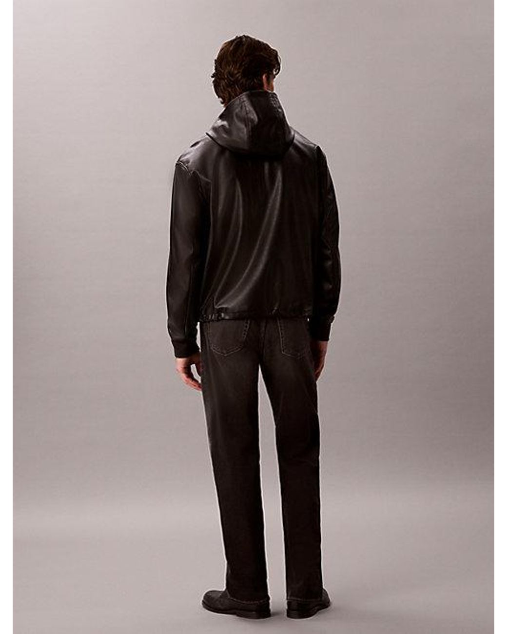 Calvin Klein Black Jeans Hooded Faux Leather Bomber Jacket for men