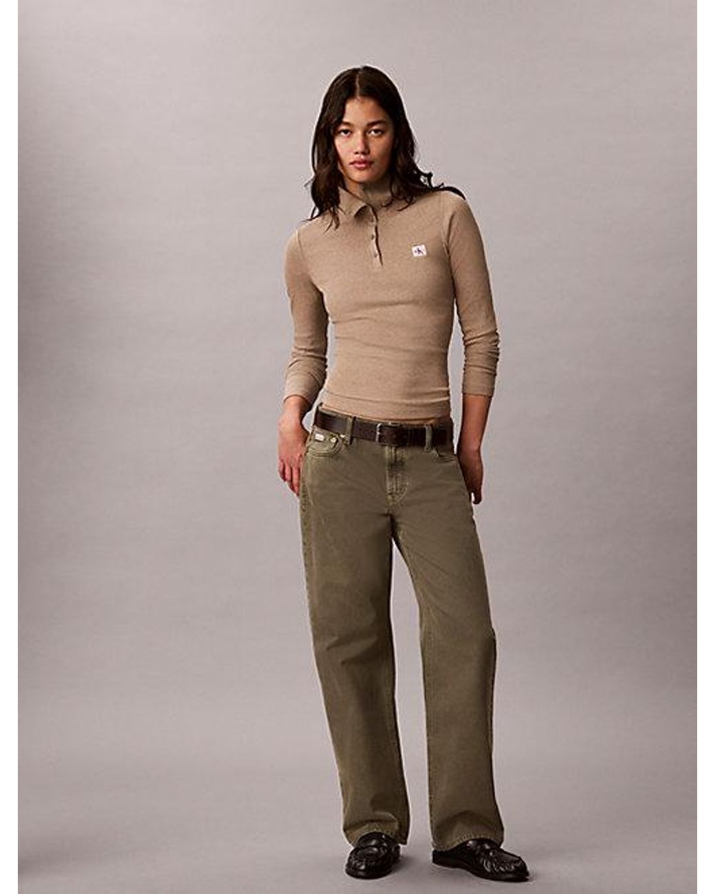 Calvin Klein Brown Jeans Ribbed Cotton Turtleneck Henley Top