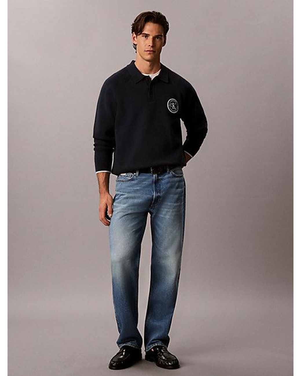 Calvin Klein Black Jeans Cotton Knit Varsity Polo Jumper for men