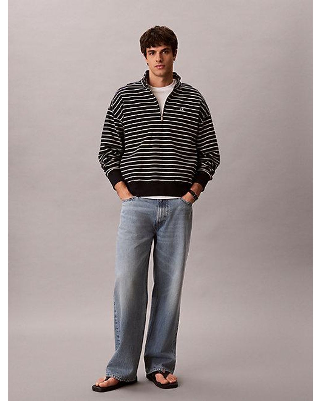 Calvin Klein Black Relaxed Stripe Quarter Zip Sweatshirt for men