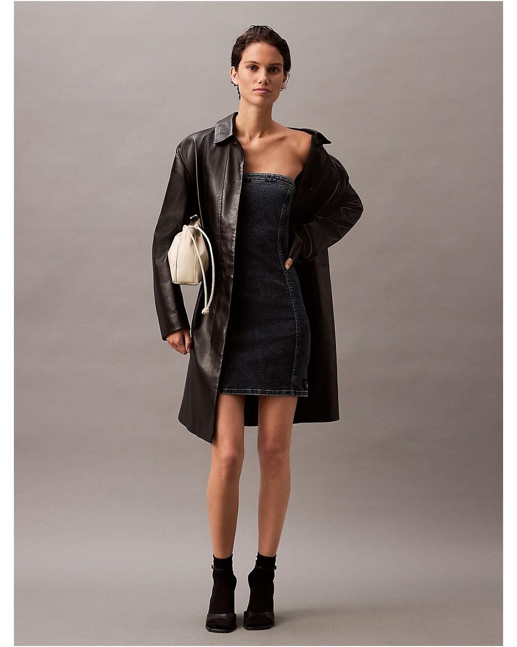 Calvin Klein Calvin Klein Strapless Denim Mini Dress in Gray | Lyst
