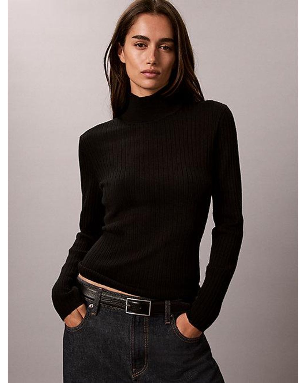 Calvin Klein Black Merino Wool Ribbed Turtleneck Jumper