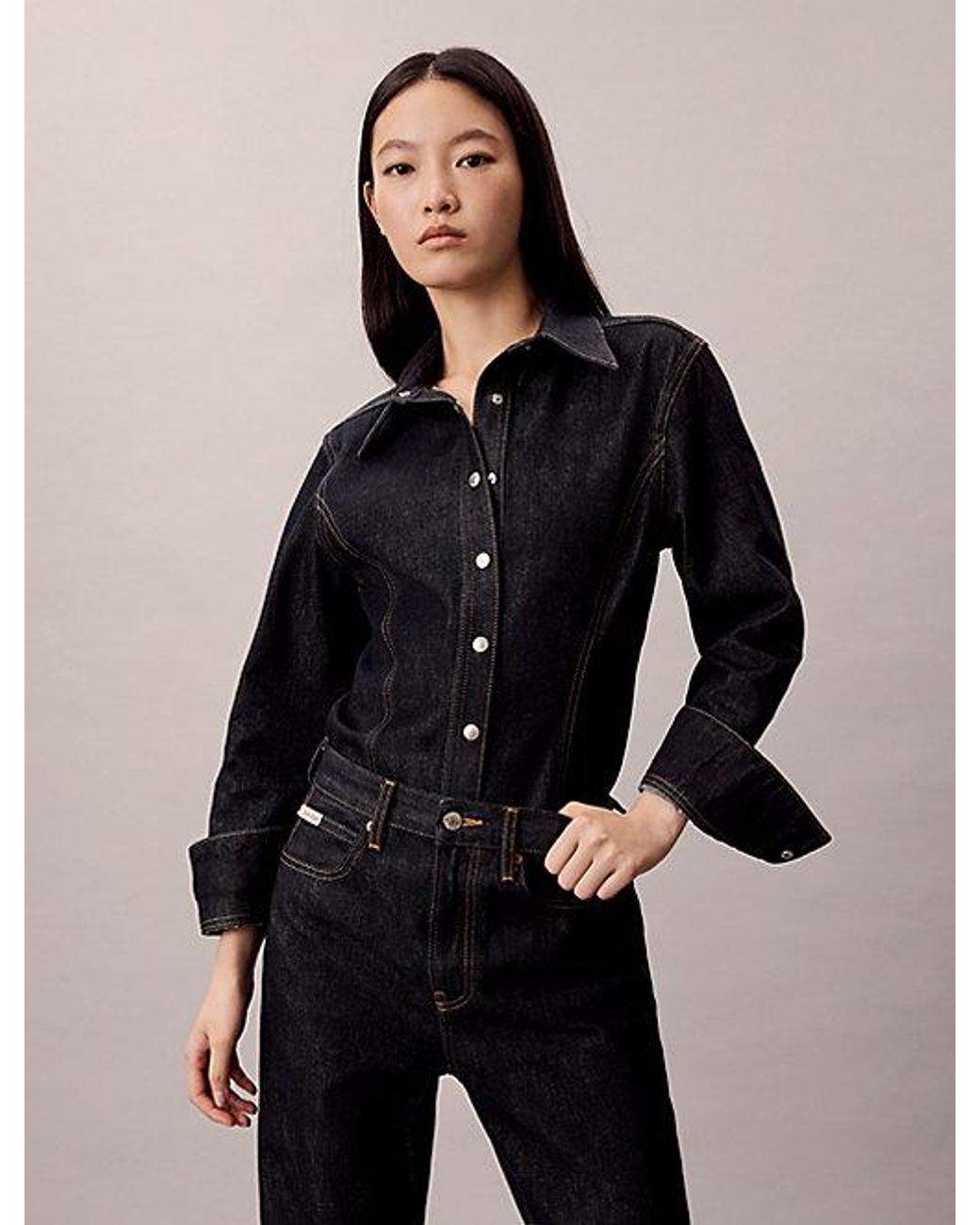 Calvin Klein Black Jeans Denim Seamed Button Up Shirt